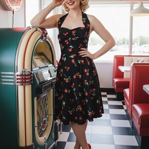 Vintage Dreams: Cherry Print Rockabilly Halter Dress 🍒